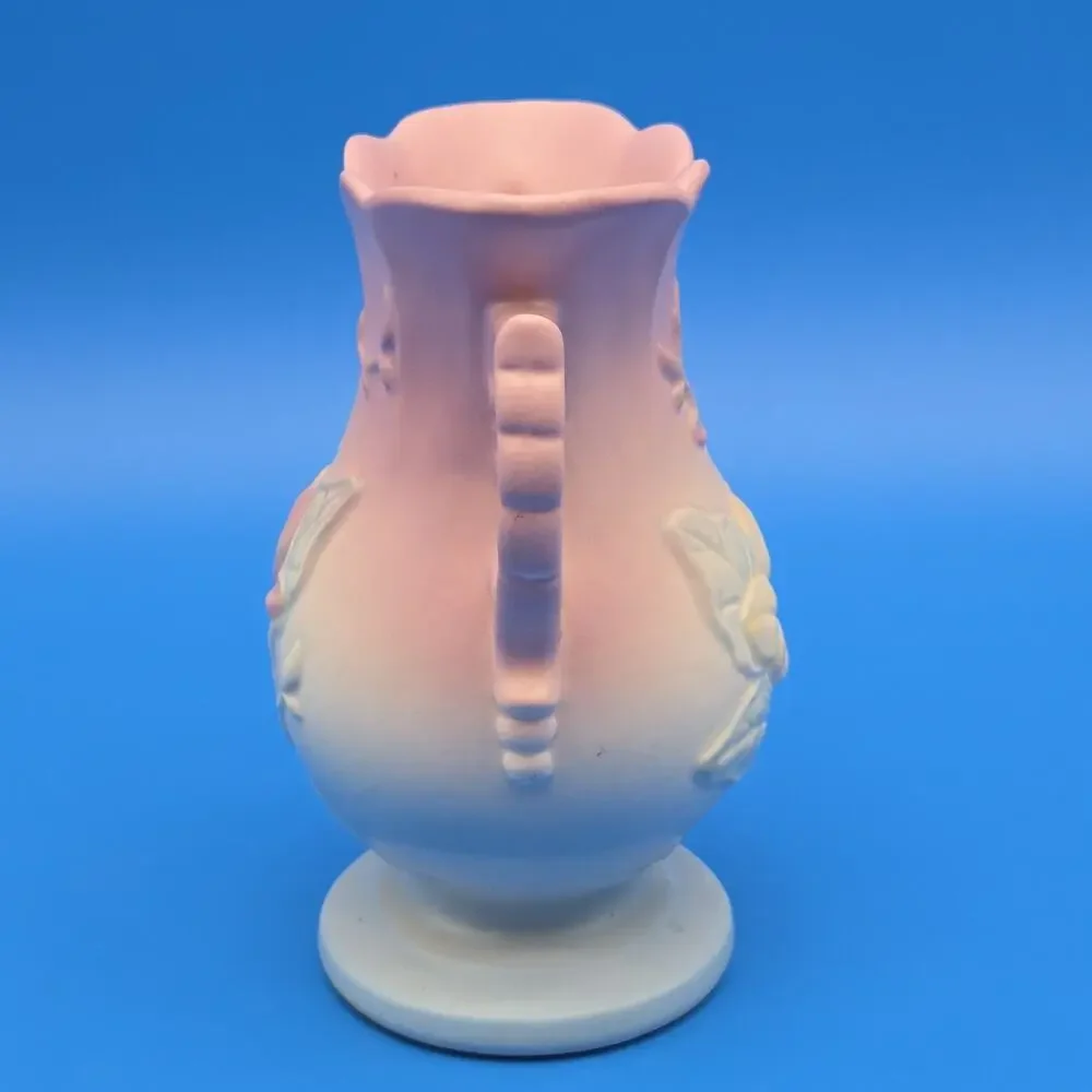 Hull Art Pottery Magnolia Vase 6.25” Matte Pink Blue Double Handle USA 1940s